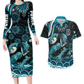 Personalized Port Adelaide Power Rugby Couples Matching Long Sleeve Bodycon Dress and Hawaiian Shirt Aboriginal Dot Art - Dreamtime Football Mascot