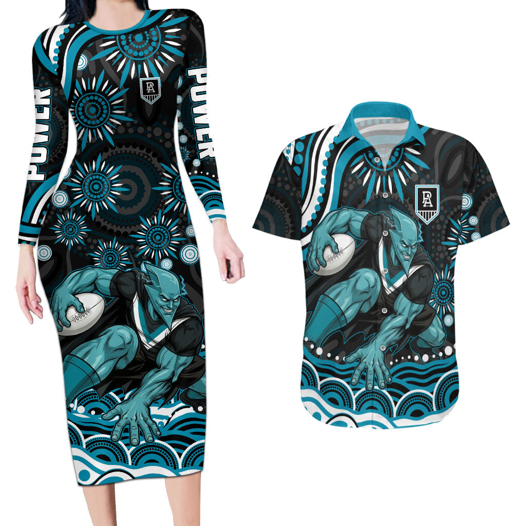 Personalized Port Adelaide Power Rugby Couples Matching Long Sleeve Bodycon Dress and Hawaiian Shirt Aboriginal Dot Art - Dreamtime Football Mascot