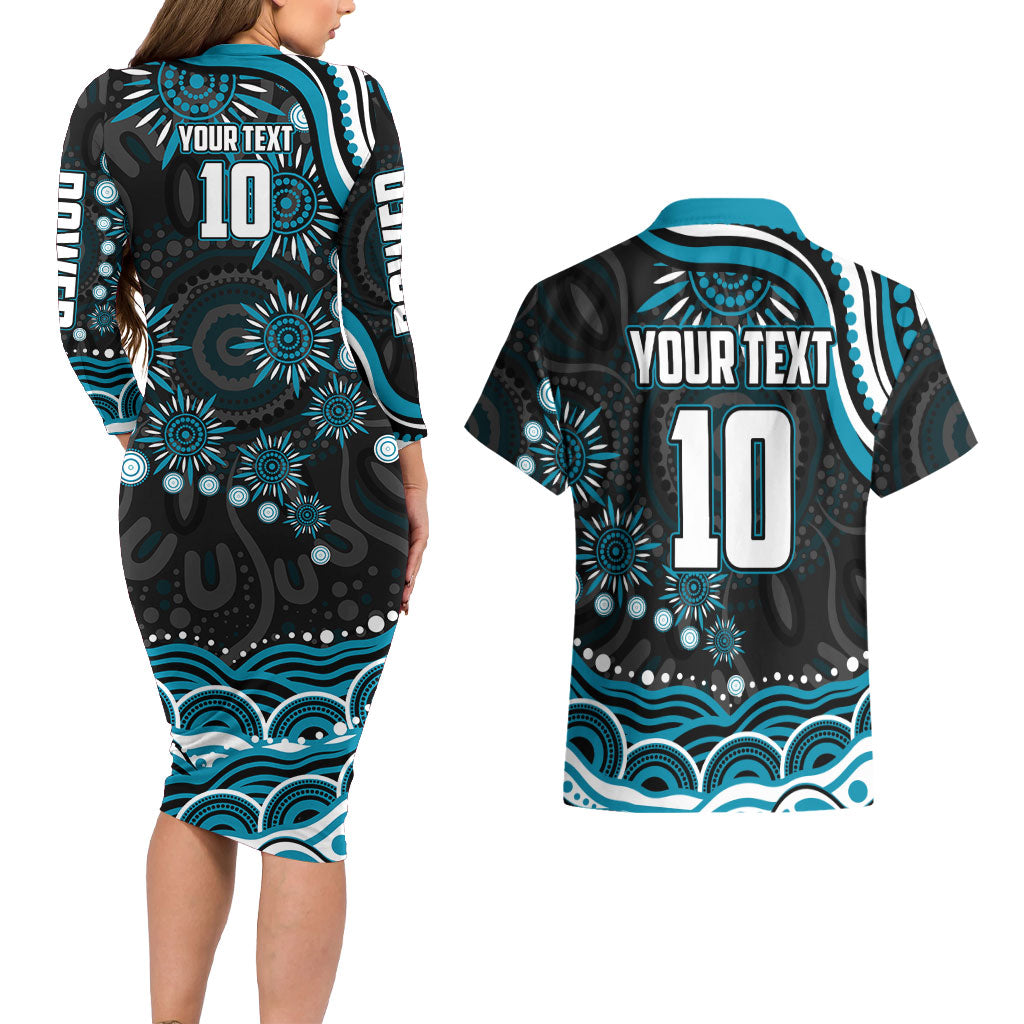 Personalized Port Adelaide Power Rugby Couples Matching Long Sleeve Bodycon Dress and Hawaiian Shirt Aboriginal Dot Art - Dreamtime Football Mascot