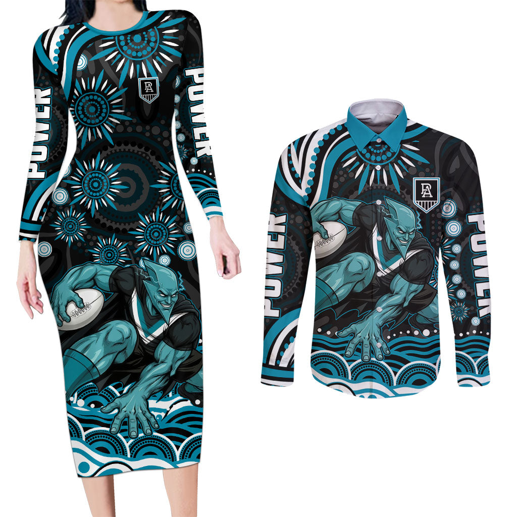 Personalized Port Adelaide Power Rugby Couples Matching Long Sleeve Bodycon Dress and Long Sleeve Button Shirt Aboriginal Dot Art - Dreamtime Football Mascot