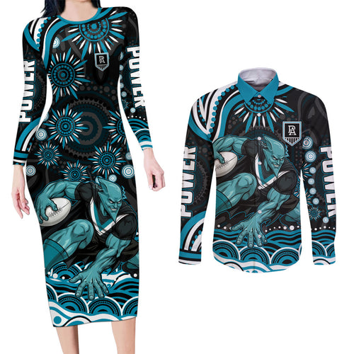 Personalized Port Adelaide Power Rugby Couples Matching Long Sleeve Bodycon Dress and Long Sleeve Button Shirt Aboriginal Dot Art - Dreamtime Football Mascot