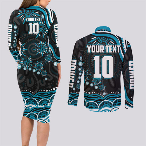 Personalized Port Adelaide Power Rugby Couples Matching Long Sleeve Bodycon Dress and Long Sleeve Button Shirt Aboriginal Dot Art - Dreamtime Football Mascot