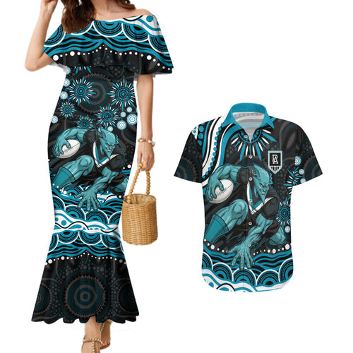 Personalized Port Adelaide Power Rugby Couples Matching Mermaid Dress and Hawaiian Shirt Aboriginal Dot Art - Dreamtime Football Mascot