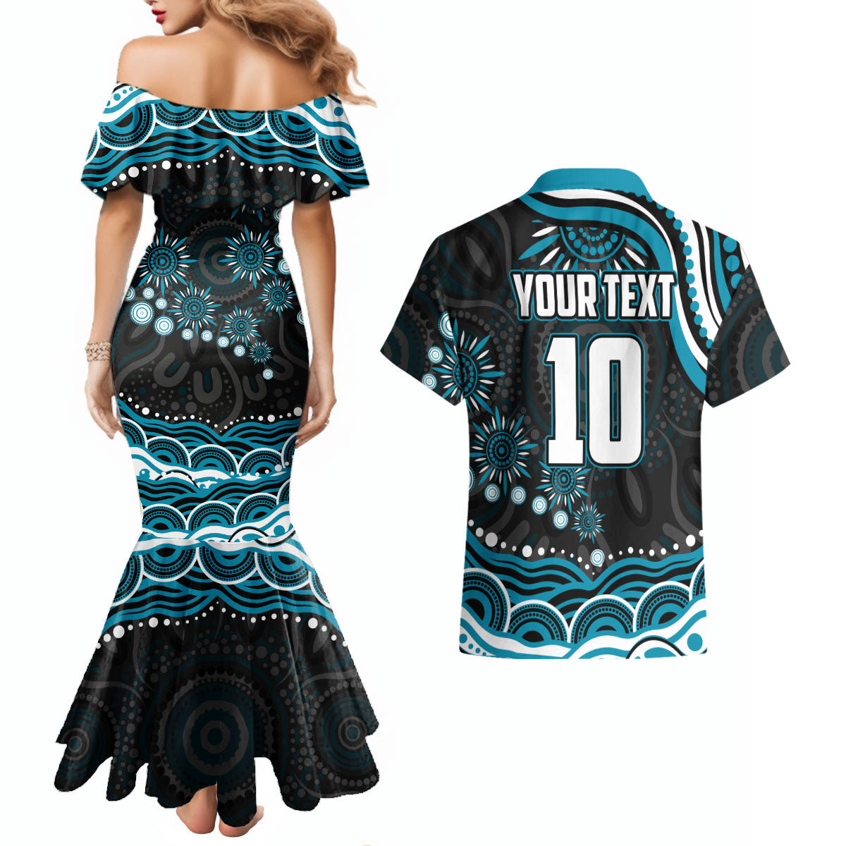 Personalized Port Adelaide Power Rugby Couples Matching Mermaid Dress and Hawaiian Shirt Aboriginal Dot Art - Dreamtime Football Mascot