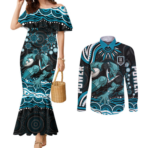 Personalized Port Adelaide Power Rugby Couples Matching Mermaid Dress and Long Sleeve Button Shirt Aboriginal Dot Art - Dreamtime Football Mascot