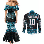 Personalized Port Adelaide Power Rugby Couples Matching Mermaid Dress and Long Sleeve Button Shirt Aboriginal Dot Art - Dreamtime Football Mascot