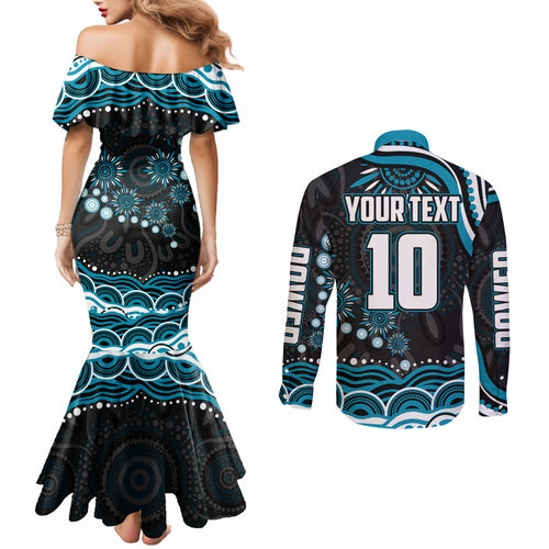 Personalized Port Adelaide Power Rugby Couples Matching Mermaid Dress and Long Sleeve Button Shirt Aboriginal Dot Art - Dreamtime Football Mascot