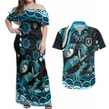 Personalized Port Adelaide Power Rugby Couples Matching Off Shoulder Maxi Dress and Hawaiian Shirt Aboriginal Dot Art - Dreamtime Football Mascot