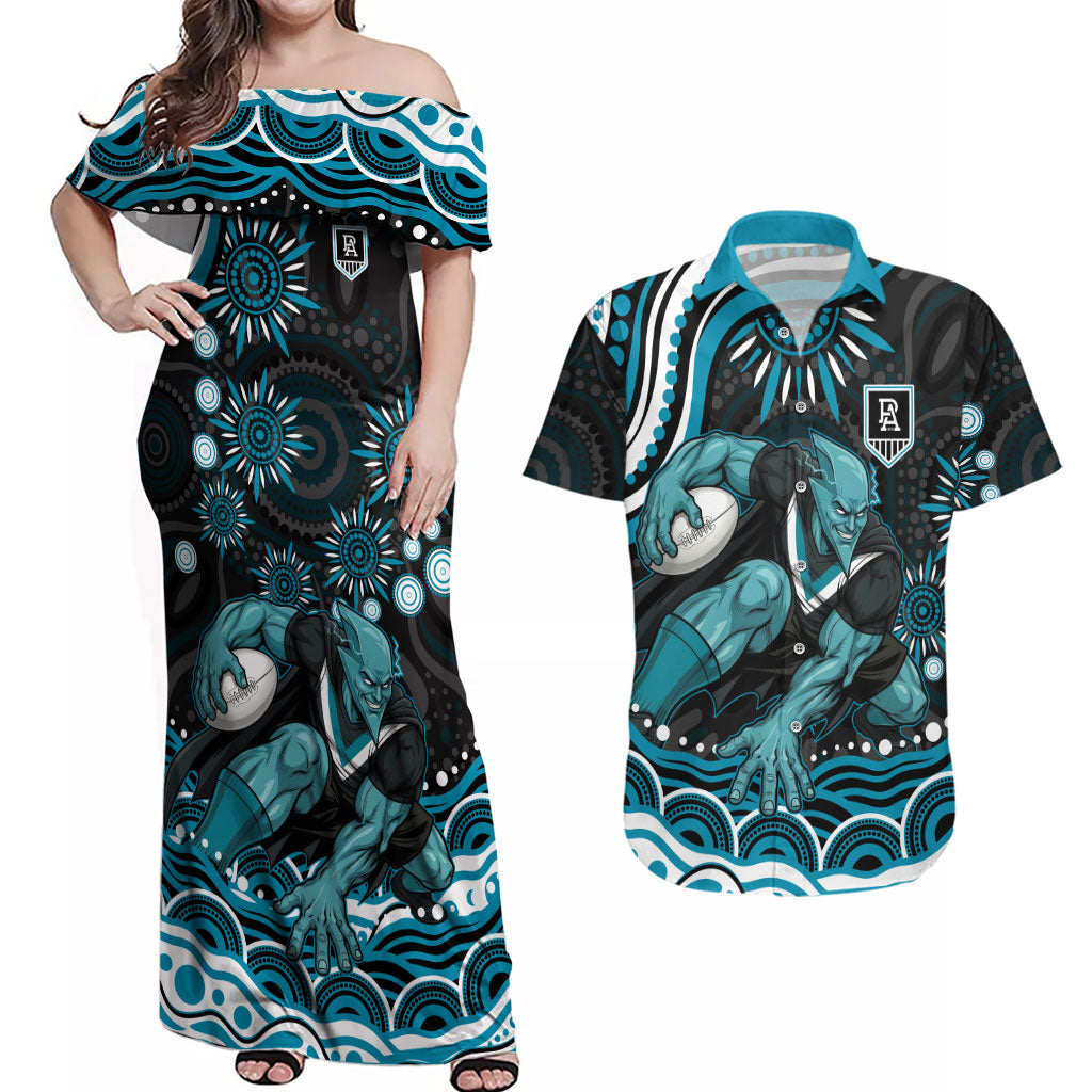 Personalized Port Adelaide Power Rugby Couples Matching Off Shoulder Maxi Dress and Hawaiian Shirt Aboriginal Dot Art - Dreamtime Football Mascot