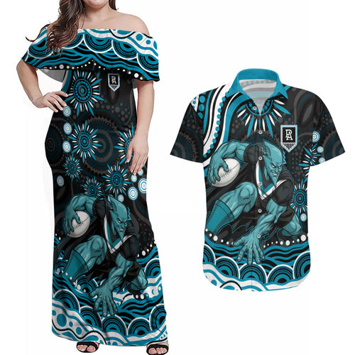 Personalized Port Adelaide Power Rugby Couples Matching Off Shoulder Maxi Dress and Hawaiian Shirt Aboriginal Dot Art - Dreamtime Football Mascot