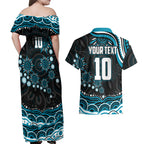 Personalized Port Adelaide Power Rugby Couples Matching Off Shoulder Maxi Dress and Hawaiian Shirt Aboriginal Dot Art - Dreamtime Football Mascot
