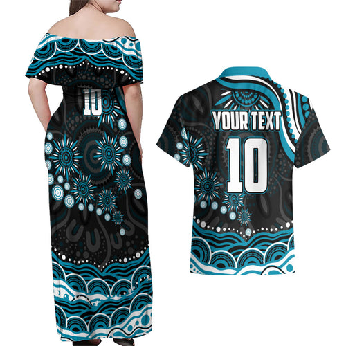 Personalized Port Adelaide Power Rugby Couples Matching Off Shoulder Maxi Dress and Hawaiian Shirt Aboriginal Dot Art - Dreamtime Football Mascot