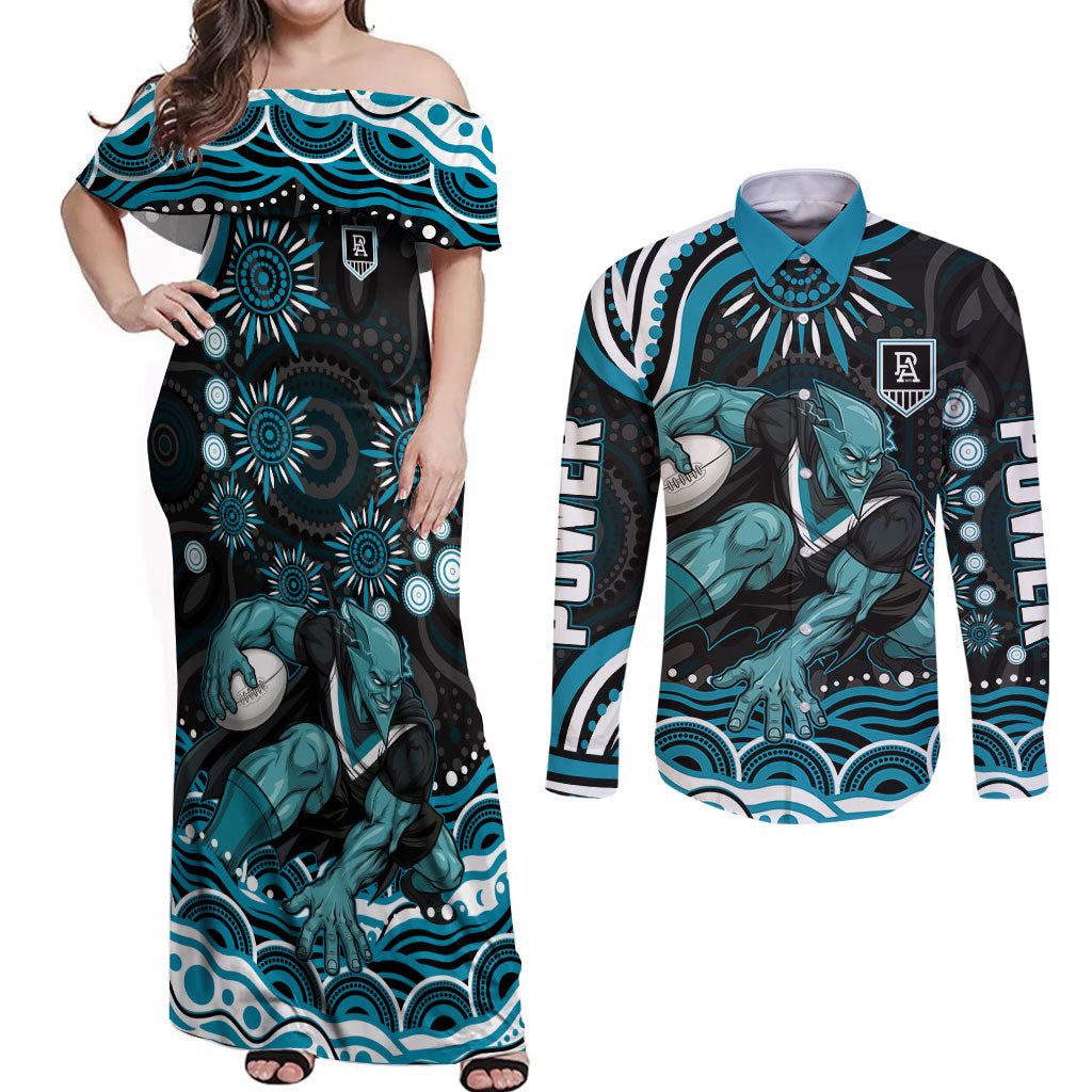 Personalized Port Adelaide Power Rugby Couples Matching Off Shoulder Maxi Dress and Long Sleeve Button Shirt Aboriginal Dot Art - Dreamtime Football Mascot