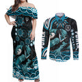 Personalized Port Adelaide Power Rugby Couples Matching Off Shoulder Maxi Dress and Long Sleeve Button Shirt Aboriginal Dot Art - Dreamtime Football Mascot