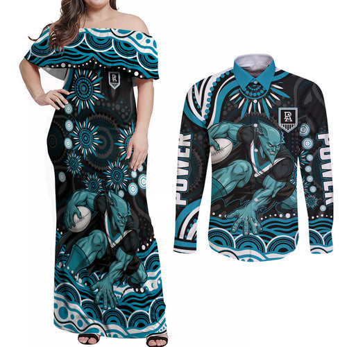 Personalized Port Adelaide Power Rugby Couples Matching Off Shoulder Maxi Dress and Long Sleeve Button Shirt Aboriginal Dot Art - Dreamtime Football Mascot
