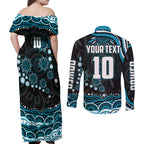 Personalized Port Adelaide Power Rugby Couples Matching Off Shoulder Maxi Dress and Long Sleeve Button Shirt Aboriginal Dot Art - Dreamtime Football Mascot
