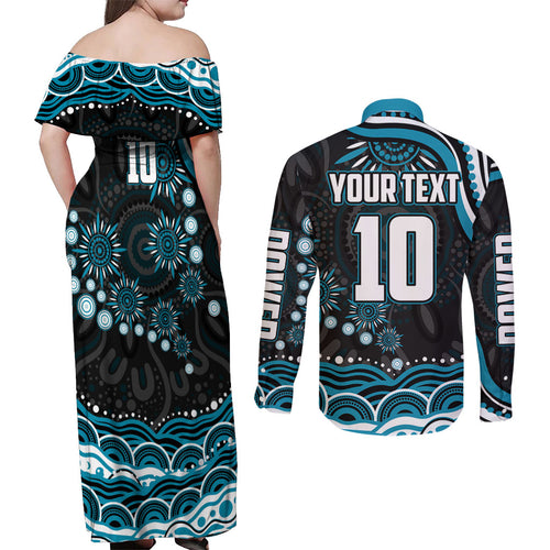 Personalized Port Adelaide Power Rugby Couples Matching Off Shoulder Maxi Dress and Long Sleeve Button Shirt Aboriginal Dot Art - Dreamtime Football Mascot