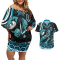 Personalized Port Adelaide Power Rugby Couples Matching Off Shoulder Short Dress and Hawaiian Shirt Aboriginal Dot Art - Dreamtime Football Mascot
