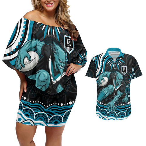 Personalized Port Adelaide Power Rugby Couples Matching Off Shoulder Short Dress and Hawaiian Shirt Aboriginal Dot Art - Dreamtime Football Mascot