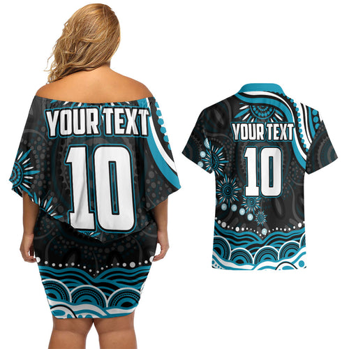Personalized Port Adelaide Power Rugby Couples Matching Off Shoulder Short Dress and Hawaiian Shirt Aboriginal Dot Art - Dreamtime Football Mascot