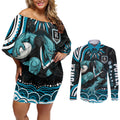 Personalized Port Adelaide Power Rugby Couples Matching Off Shoulder Short Dress and Long Sleeve Button Shirt Aboriginal Dot Art - Dreamtime Football Mascot