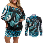 Personalized Port Adelaide Power Rugby Couples Matching Off Shoulder Short Dress and Long Sleeve Button Shirt Aboriginal Dot Art - Dreamtime Football Mascot