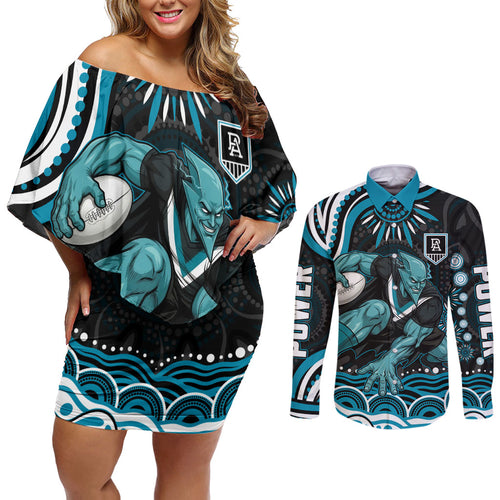 Personalized Port Adelaide Power Rugby Couples Matching Off Shoulder Short Dress and Long Sleeve Button Shirt Aboriginal Dot Art - Dreamtime Football Mascot