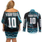 Personalized Port Adelaide Power Rugby Couples Matching Off Shoulder Short Dress and Long Sleeve Button Shirt Aboriginal Dot Art - Dreamtime Football Mascot