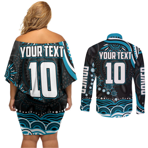 Personalized Port Adelaide Power Rugby Couples Matching Off Shoulder Short Dress and Long Sleeve Button Shirt Aboriginal Dot Art - Dreamtime Football Mascot