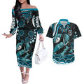 Personalized Port Adelaide Power Rugby Couples Matching Off The Shoulder Long Sleeve Dress and Hawaiian Shirt Aboriginal Dot Art - Dreamtime Football Mascot