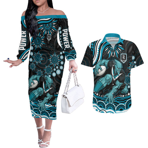 Personalized Port Adelaide Power Rugby Couples Matching Off The Shoulder Long Sleeve Dress and Hawaiian Shirt Aboriginal Dot Art - Dreamtime Football Mascot