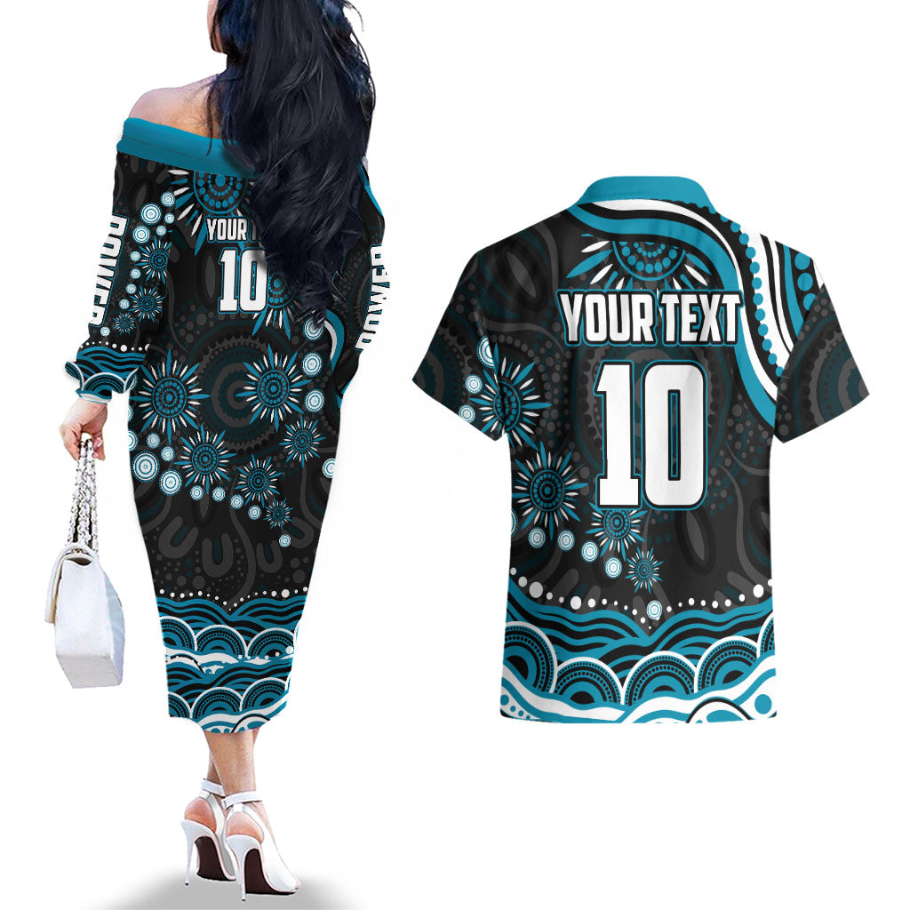 Personalized Port Adelaide Power Rugby Couples Matching Off The Shoulder Long Sleeve Dress and Hawaiian Shirt Aboriginal Dot Art - Dreamtime Football Mascot