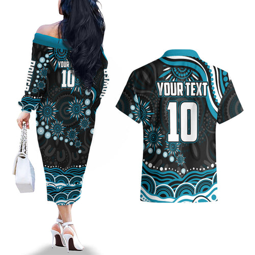 Personalized Port Adelaide Power Rugby Couples Matching Off The Shoulder Long Sleeve Dress and Hawaiian Shirt Aboriginal Dot Art - Dreamtime Football Mascot