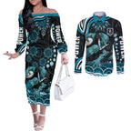 Personalized Port Adelaide Power Rugby Couples Matching Off The Shoulder Long Sleeve Dress and Long Sleeve Button Shirt Aboriginal Dot Art - Dreamtime Football Mascot