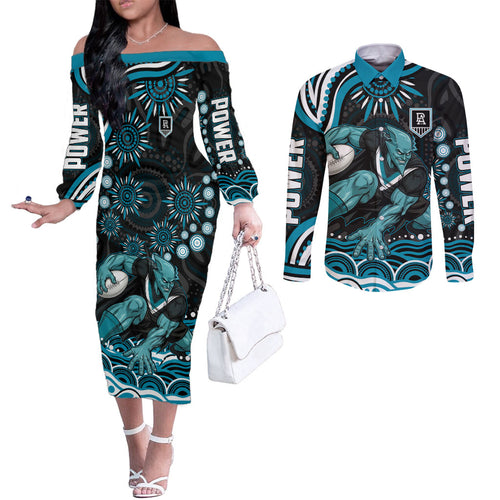 Personalized Port Adelaide Power Rugby Couples Matching Off The Shoulder Long Sleeve Dress and Long Sleeve Button Shirt Aboriginal Dot Art - Dreamtime Football Mascot
