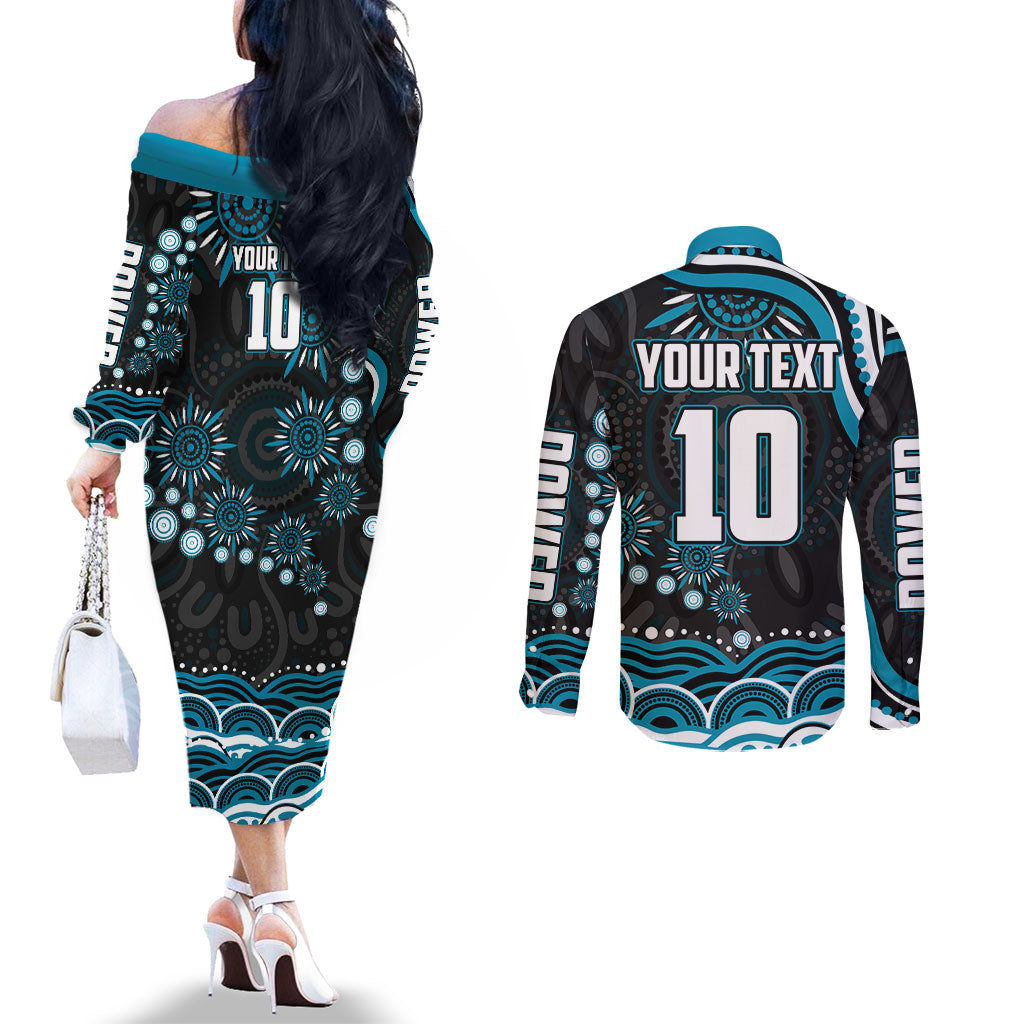 Personalized Port Adelaide Power Rugby Couples Matching Off The Shoulder Long Sleeve Dress and Long Sleeve Button Shirt Aboriginal Dot Art - Dreamtime Football Mascot