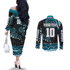 Personalized Port Adelaide Power Rugby Couples Matching Off The Shoulder Long Sleeve Dress and Long Sleeve Button Shirt Aboriginal Dot Art - Dreamtime Football Mascot