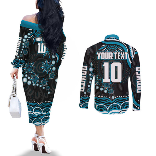 Personalized Port Adelaide Power Rugby Couples Matching Off The Shoulder Long Sleeve Dress and Long Sleeve Button Shirt Aboriginal Dot Art - Dreamtime Football Mascot