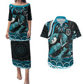 Personalized Port Adelaide Power Rugby Couples Matching Puletasi and Hawaiian Shirt Aboriginal Dot Art - Dreamtime Football Mascot