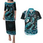 Personalized Port Adelaide Power Rugby Couples Matching Puletasi and Hawaiian Shirt Aboriginal Dot Art - Dreamtime Football Mascot