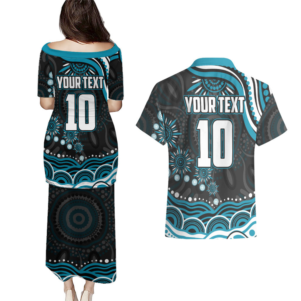 Personalized Port Adelaide Power Rugby Couples Matching Puletasi and Hawaiian Shirt Aboriginal Dot Art - Dreamtime Football Mascot