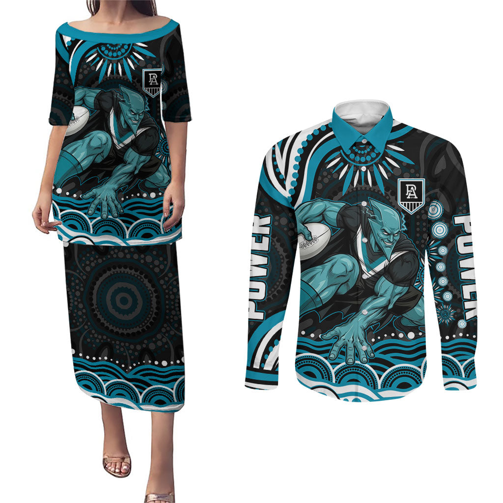 Personalized Port Adelaide Power Rugby Couples Matching Puletasi and Long Sleeve Button Shirt Aboriginal Dot Art - Dreamtime Football Mascot