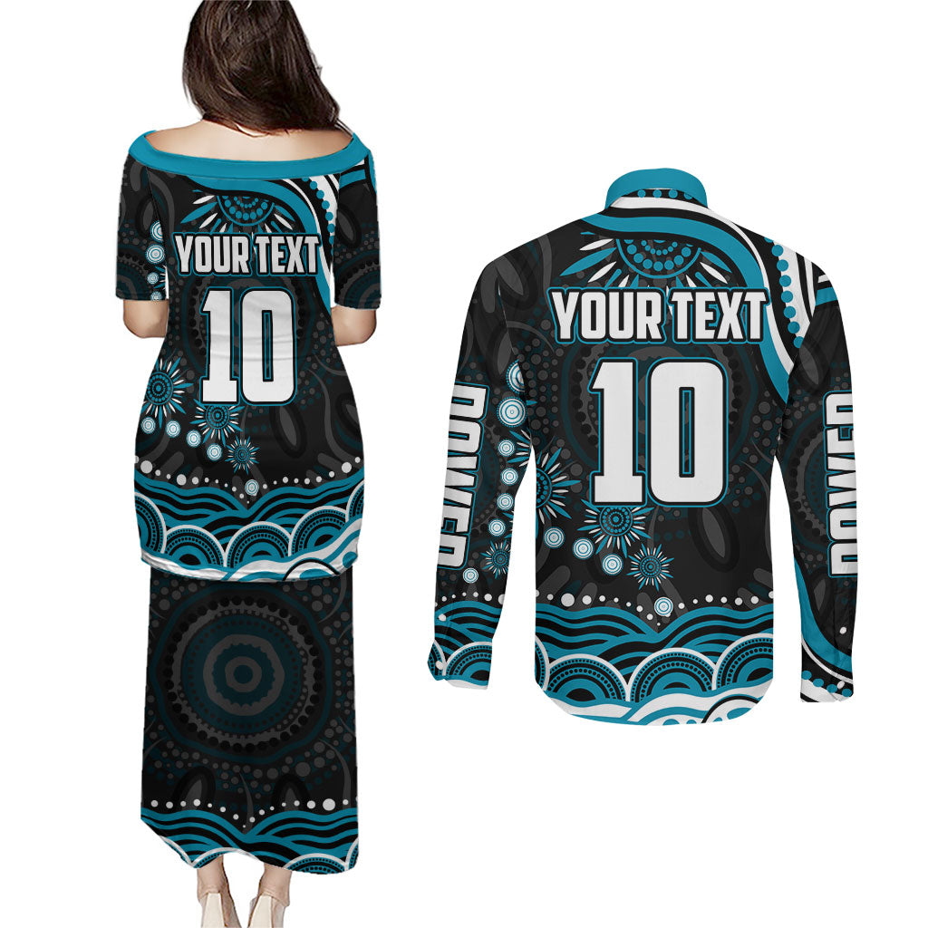 Personalized Port Adelaide Power Rugby Couples Matching Puletasi and Long Sleeve Button Shirt Aboriginal Dot Art - Dreamtime Football Mascot