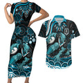 Personalized Port Adelaide Power Rugby Couples Matching Short Sleeve Bodycon Dress and Hawaiian Shirt Aboriginal Dot Art - Dreamtime Football Mascot