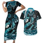 Personalized Port Adelaide Power Rugby Couples Matching Short Sleeve Bodycon Dress and Hawaiian Shirt Aboriginal Dot Art - Dreamtime Football Mascot
