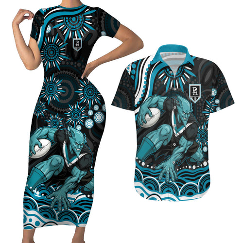 Personalized Port Adelaide Power Rugby Couples Matching Short Sleeve Bodycon Dress and Hawaiian Shirt Aboriginal Dot Art - Dreamtime Football Mascot