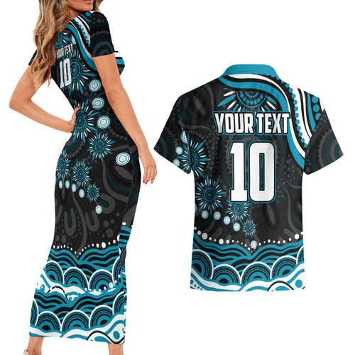 Personalized Port Adelaide Power Rugby Couples Matching Short Sleeve Bodycon Dress and Hawaiian Shirt Aboriginal Dot Art - Dreamtime Football Mascot