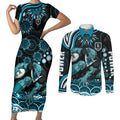 Personalized Port Adelaide Power Rugby Couples Matching Short Sleeve Bodycon Dress and Long Sleeve Button Shirt Aboriginal Dot Art - Dreamtime Football Mascot