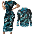 Personalized Port Adelaide Power Rugby Couples Matching Short Sleeve Bodycon Dress and Long Sleeve Button Shirt Aboriginal Dot Art - Dreamtime Football Mascot