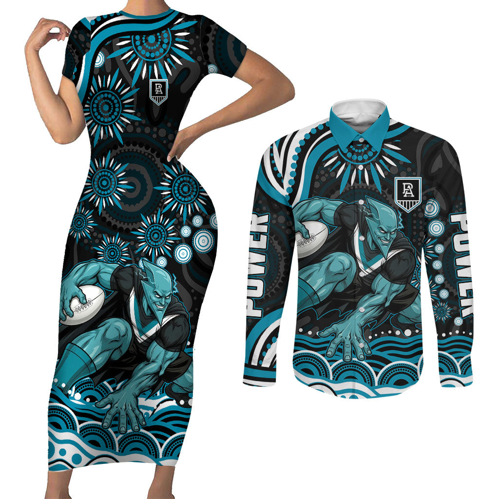 Personalized Port Adelaide Power Rugby Couples Matching Short Sleeve Bodycon Dress and Long Sleeve Button Shirt Aboriginal Dot Art - Dreamtime Football Mascot